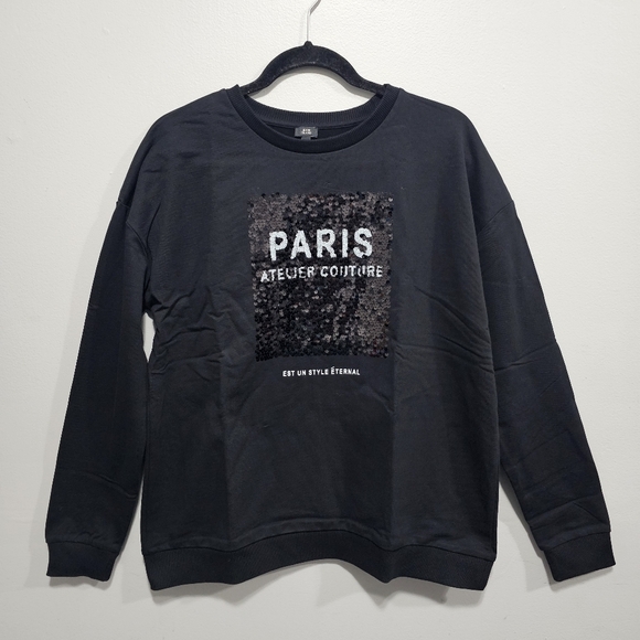 River Island‎ Paris sequined slogan sweatshirt in black Size Small - Picture 1 of 9
